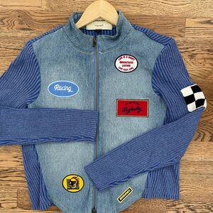 NWT $398 Free People Understated Leather Denim Racing Moto Jacket Motor Sports M